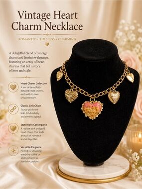 Heart Charm Necklace - Gold with Pink Centerpiece